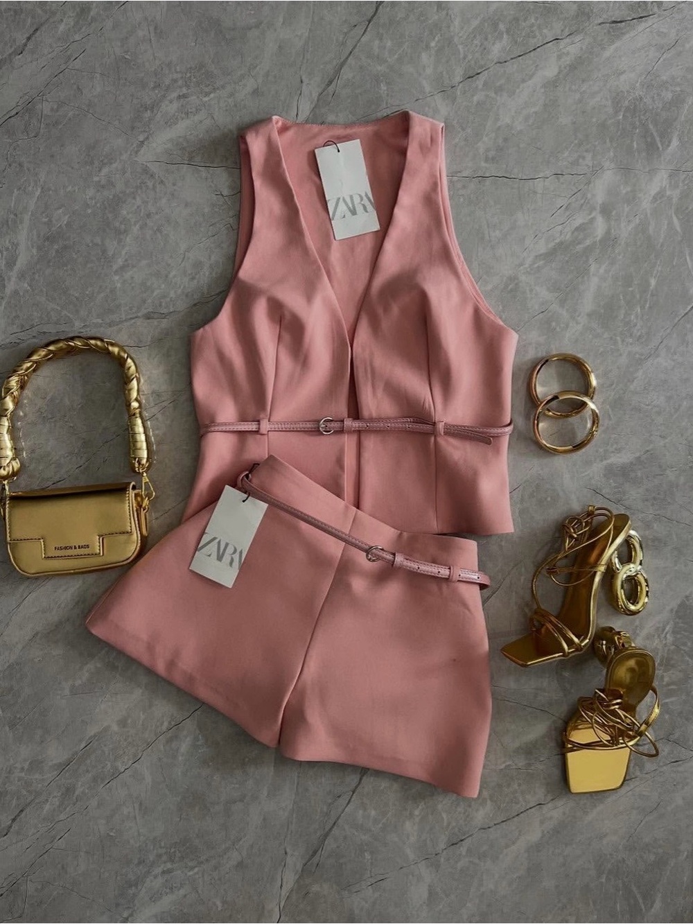 Zara Blush Pink Sleeveless Blazer & High-Waist Shorts Set